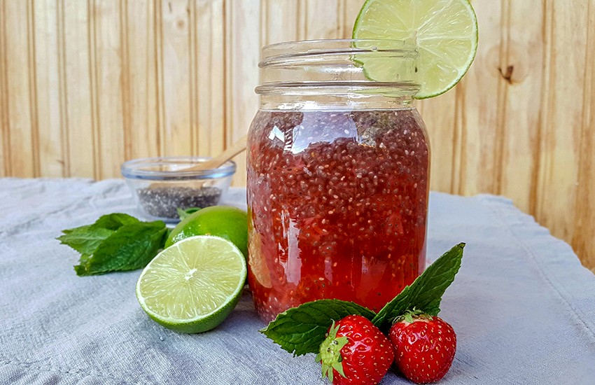 Jar with strawberry chia fresca