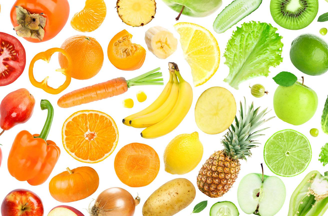 A set of fruits and vegetables on a white background